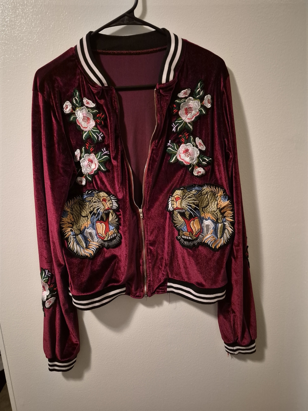 36 Point 5 Embroidered Velour Bomber Jacket - Burgundy